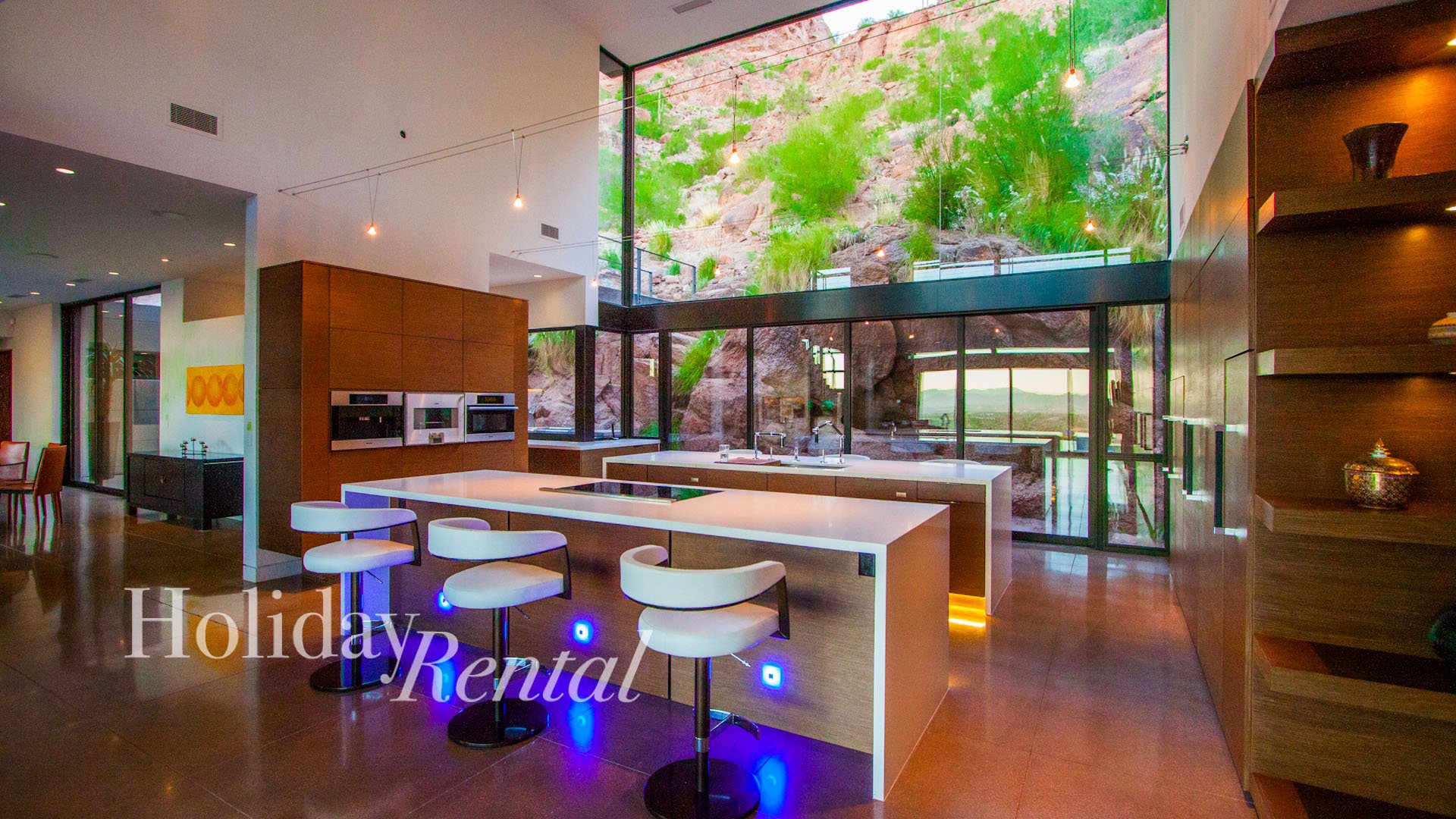 Kitchen with views of the rock waterfall feature